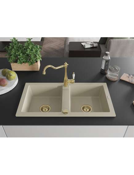 Mexen Mario zlewozmywak granitowy 2-komorowy z baterią kuchenną Carla, beżowy - 6504-69-670700-50, изображение 3