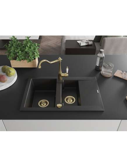 Mexen Gaspar zlewozmywak granitowy 1,5-komorowy z ociekaczem i baterią kuchenną Carla, czarny - 6507-77-670700-50, 3 image