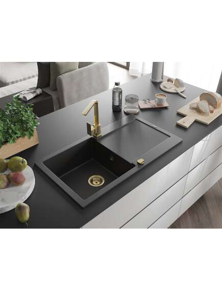Mexen Leo zlewozmywak granitowy 1-komorowy z ociekaczem i baterią kuchenną Rita, czarny/srebrny metalik - 6501-73-670300-50, изображение 2