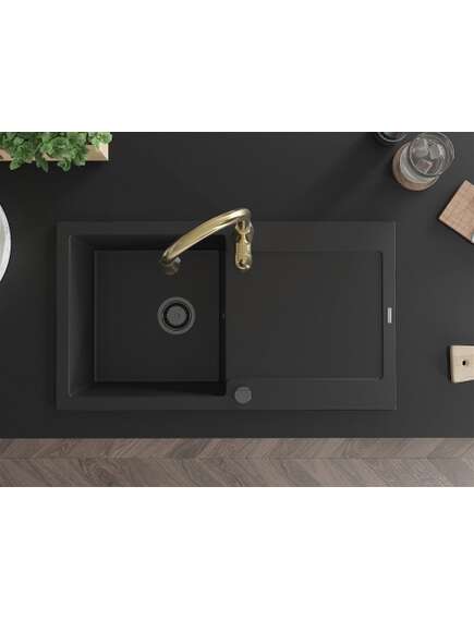 Mexen Leo zlewozmywak granitowy 1-komorowy z ociekaczem i baterią kuchenną Savita, czarny - 6501-77-672601-50-B, 4 image