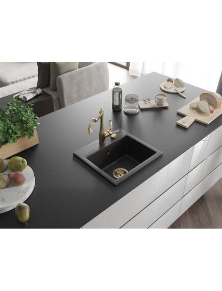 Mexen Milo zlewozmywak granitowy 1-komorowy z baterią kuchenną Carla, czarny/srebrny metalik - 6505-73-670700-50, 2 image