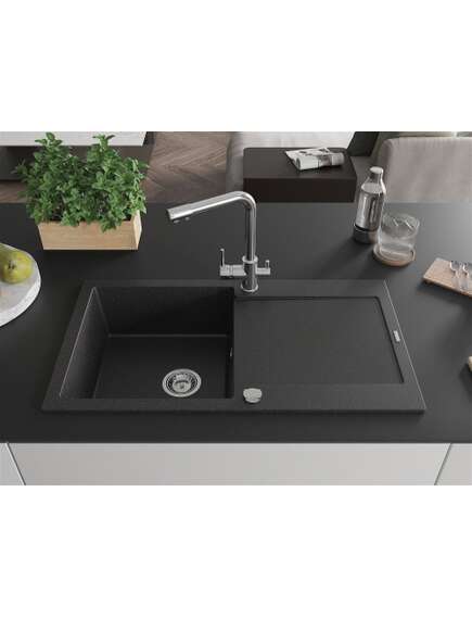 Mexen Leo zlewozmywak granitowy 1-komorowy z ociekaczem i baterią kuchenną Duero, czarny/srebrny metalik - 6501-73-671600-00, изображение 3