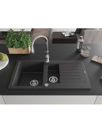 Mexen Matias zlewozmywak granitowy 1,5-komorowy z ociekaczem i baterią kuchenną Savita, czarny nakrapiany - 6502-76-672601-00, 3 image