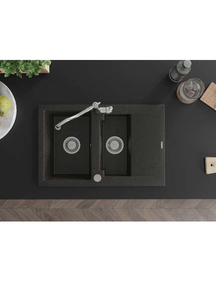 Mexen Gaspar zlewozmywak granitowy 1,5-komorowy z ociekaczem i baterią kuchenną Carla, czarny/złoty metalik - 6507-75-670700-00, изображение 4