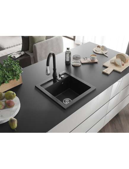 Mexen Vito zlewozmywak granitowy 1-komorowy z baterią kuchenną Savita, czarny/srebrny metalik - 6503-73-672601-70, 2 image