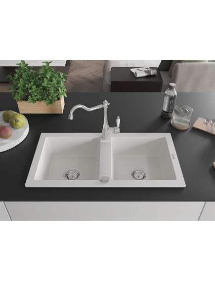 Mexen Mario zlewozmywak granitowy 2-komorowy z baterią kuchenną Carla, biały - 6504-20-670700-00, изображение 3