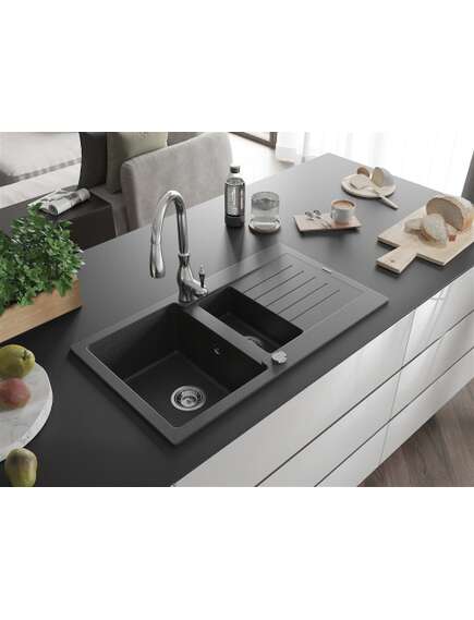 Mexen Matias zlewozmywak granitowy 1,5-komorowy z ociekaczem i baterią kuchenną Savita, czarny nakrapiany - 6502-76-672601-00, 2 image