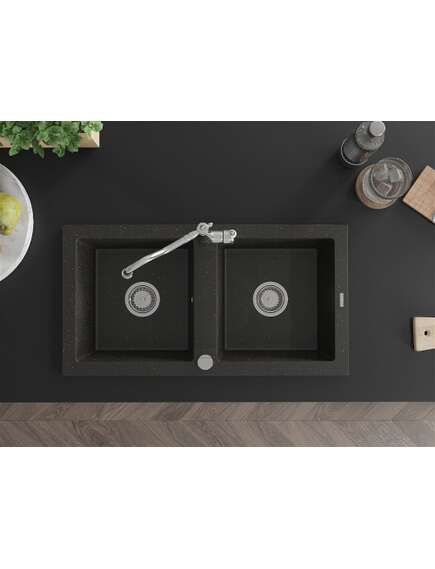 Mexen Mario zlewozmywak granitowy 2-komorowy z baterią kuchenną Carla, czarny/złoty metalik - 6504-75-670700-00, изображение 4