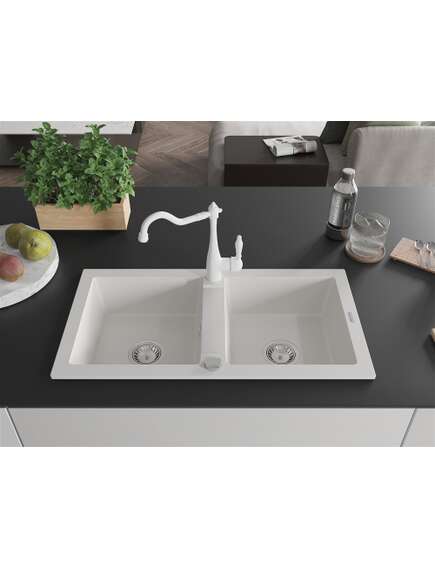 Mexen Mario zlewozmywak granitowy 2-komorowy z baterią kuchenną Carla, biały - 6504-20-670700-20, изображение 3