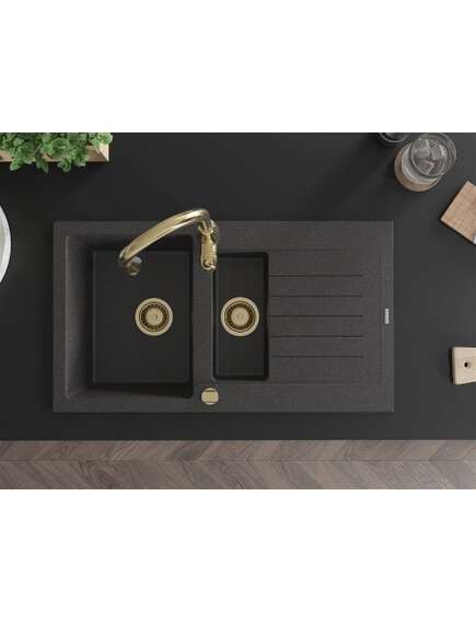 Mexen Matias zlewozmywak granitowy 1,5-komorowy z ociekaczem i baterią kuchenną Savita, czarny nakrapiany - 6502-76-672601-50, 4 image