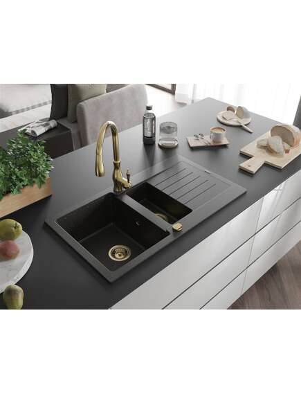 Mexen Matias zlewozmywak granitowy 1,5-komorowy z ociekaczem i baterią kuchenną Savita, czarny/złoty - 6502-75-672601-50, 2 image