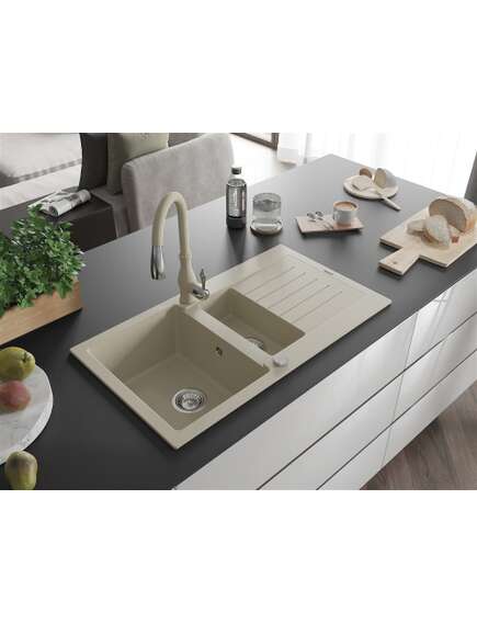 Mexen Matias zlewozmywak granitowy 1,5-komorowy z ociekaczem i baterią kuchenną Savita, beżowy - 6502-69-672601-69, изображение 2