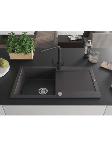 Mexen Leo zlewozmywak granitowy 1-komorowy z ociekaczem i baterią kuchenną Duero, czarny nakrapiany - 6501-76-671600-70, 3 image
