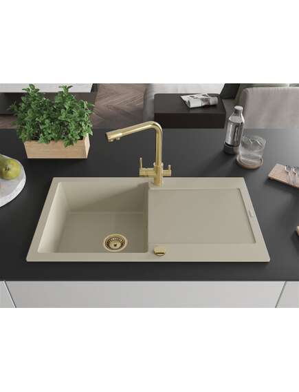 Mexen Leo zlewozmywak granitowy 1-komorowy z ociekaczem i baterią kuchenną Duero, beżowy- 6501-69-671600-50, изображение 3