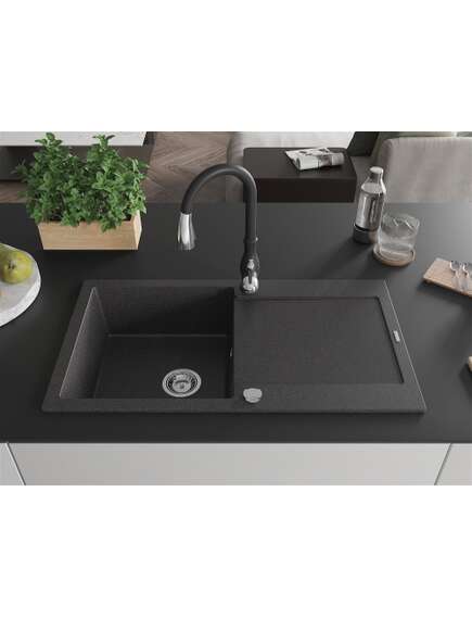 Mexen Leo zlewozmywak granitowy 1-komorowy z ociekaczem i baterią kuchenną Savita, czarny nakrapiany - 6501-76-672601-70, изображение 3