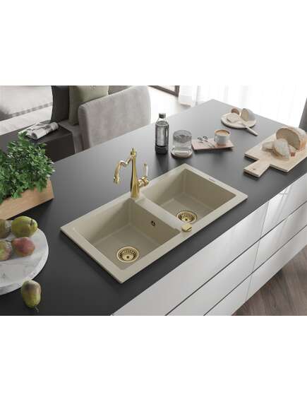 Mexen Mario zlewozmywak granitowy 2-komorowy z baterią kuchenną Carla, beżowy - 6504-69-670700-50, изображение 2