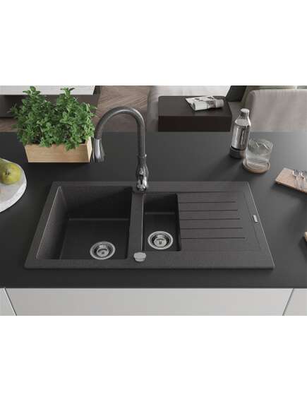 Mexen Matias zlewozmywak granitowy 1,5-komorowy z ociekaczem i baterią kuchenną Savita, czarny nakrapiany - 6502-76-672601-76, 3 image