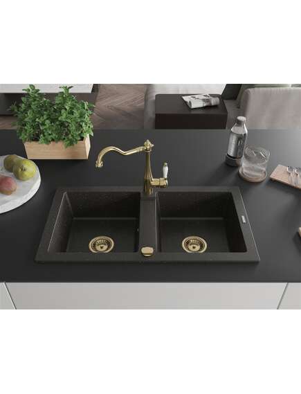 Mexen Mario zlewozmywak granitowy 2-komorowy z baterią kuchenną Carla, czarny/złoty metalik - 6504-75-670700-50, изображение 3