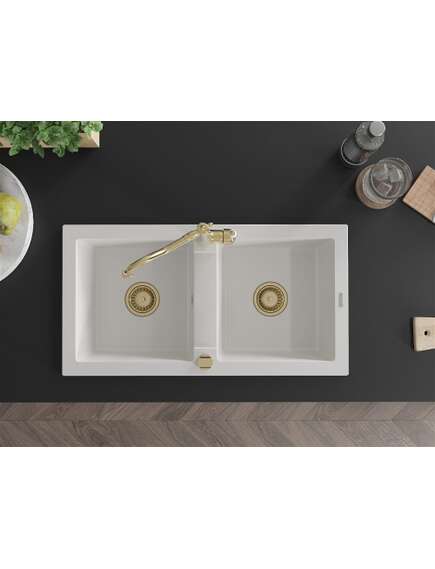 Mexen Mario zlewozmywak granitowy 2-komorowy z baterią kuchenną Carla, biały - 6504-20-670700-50, изображение 4