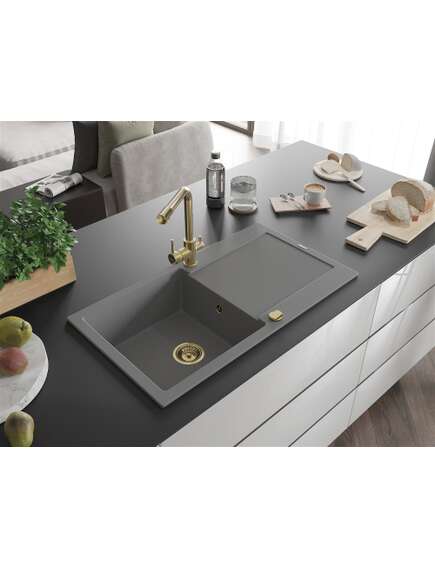 Mexen Leo zlewozmywak granitowy 1-komorowy z ociekaczem i baterią kuchenną Duero, szary - 6501-71-671600-50, 2 image