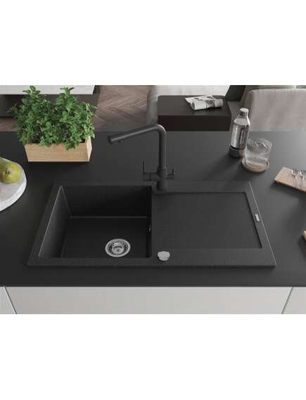 Mexen Leo zlewozmywak granitowy 1-komorowy z ociekaczem i baterią kuchenną Duero, czarny/srebrny metalik - 6501-73-671600-70, изображение 3