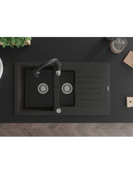 Mexen Matias zlewozmywak granitowy 1,5-komorowy z ociekaczem i baterią kuchenną Savita, czarny/złoty - 6502-75-672601-70, 4 image