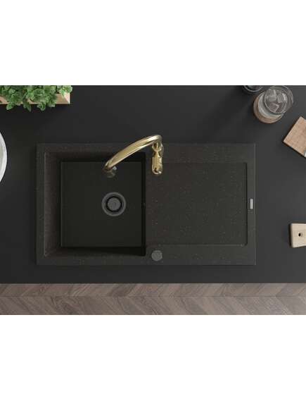 Mexen Leo zlewozmywak granitowy 1-komorowy z ociekaczem i baterią kuchenną Savita, czarny/złoty metalik - 6501-75-672601-50-B, изображение 4