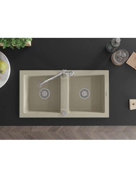 Mexen Mario zlewozmywak granitowy 2-komorowy z baterią kuchenną Carla, beżowy - 6504-69-670700-00, изображение 4