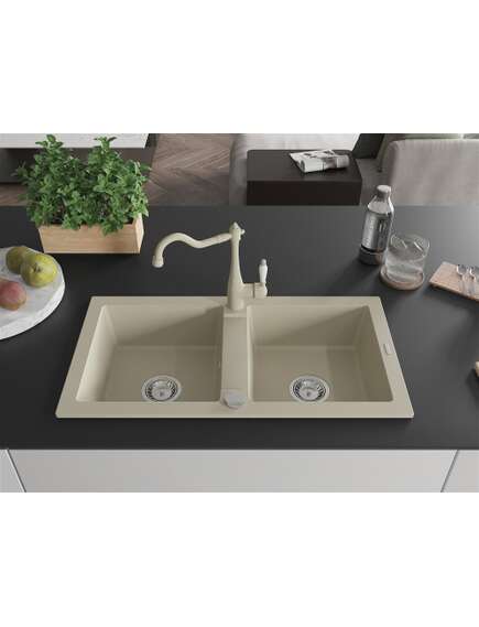 Mexen Mario zlewozmywak granitowy 2-komorowy z baterią kuchenną Carla, beżowy - 6504-69-670700-69, изображение 3