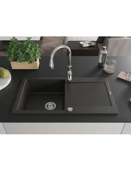 Mexen Leo zlewozmywak granitowy 1-komorowy z ociekaczem i baterią kuchenną Savita, czarny/złoty metalik - 6501-75-672601-00, 3 image