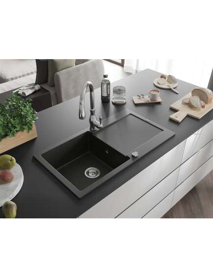 Mexen Leo zlewozmywak granitowy 1-komorowy z ociekaczem i baterią kuchenną Savita, czarny/złoty metalik - 6501-75-672601-00, 2 image