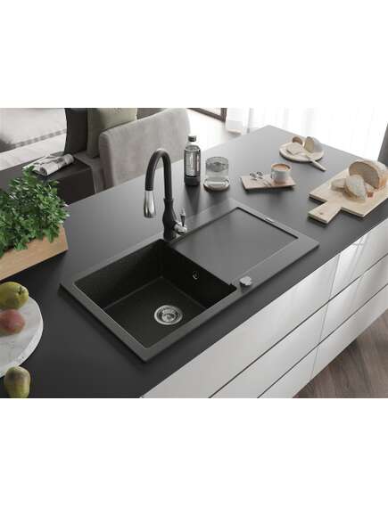 Mexen Leo zlewozmywak granitowy 1-komorowy z ociekaczem i baterią kuchenną Savita, czarny/złoty metalik - 6501-75-672601-70, изображение 2