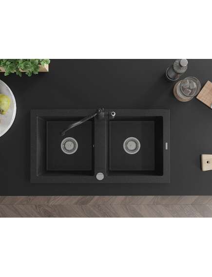 Mexen Mario zlewozmywak granitowy 2-komorowy z baterią kuchenną Carla, czarny/srebrny metalik - 6504-73-670700-70, изображение 4