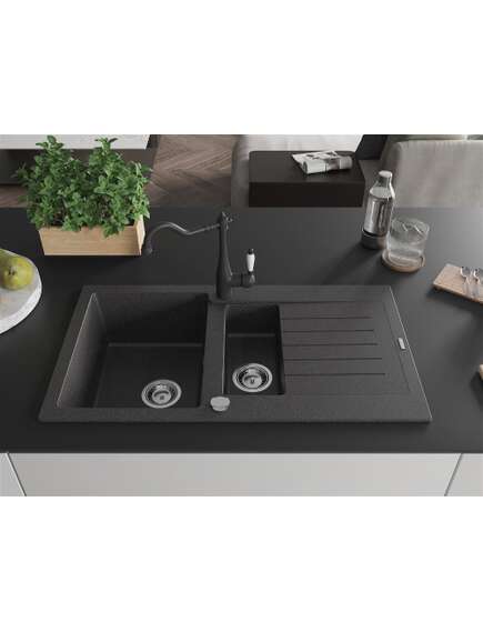 Mexen Matias zlewozmywak granitowy 1,5-komorowy z ociekaczem i baterią kuchenną Carla, czarny nakrapiany - 6502-76-670700-70, 3 image