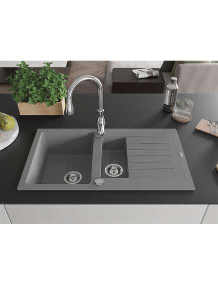 Mexen Matias zlewozmywak granitowy 1,5-komorowy z ociekaczem i baterią kuchenną Savita, szary - 6502-71-672601-00, изображение 3