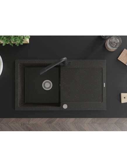 Mexen Leo zlewozmywak granitowy 1-komorowy z ociekaczem i baterią kuchenną Duero, czarny/złoty metalik - 6501-75-671600-70, изображение 4