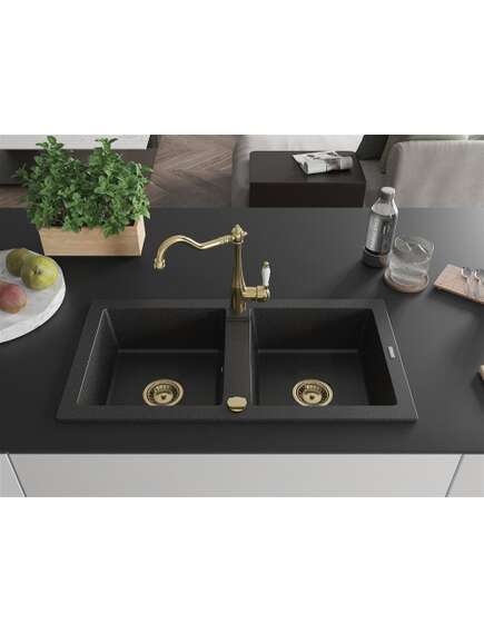 Mexen Mario zlewozmywak granitowy 2-komorowy z baterią kuchenną Carla, czarny/srebrny metalik - 6504-73-670700-50, изображение 3