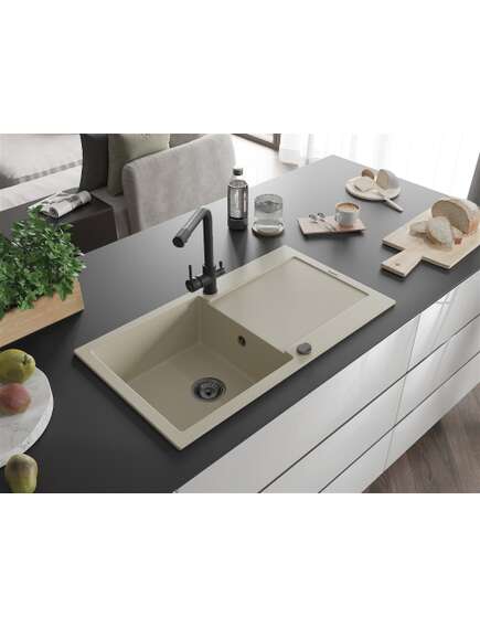 Mexen Leo zlewozmywak granitowy 1-komorowy z ociekaczem i baterią kuchenną Duero, beżowy- 6501-69-671600-70, изображение 2