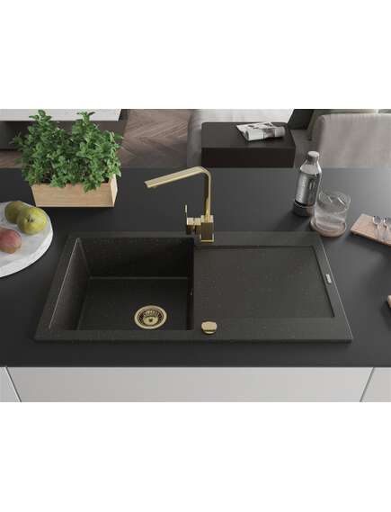 Mexen Leo zlewozmywak granitowy 1-komorowy z ociekaczem i baterią kuchenną Rita, czarny/złoty metalik - 6501-75-670300-50, изображение 3