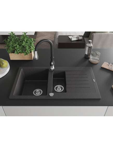Mexen Matias zlewozmywak granitowy 1,5-komorowy z ociekaczem i baterią kuchenną Savita, czarny nakrapiany - 6502-76-672601-70, 3 image