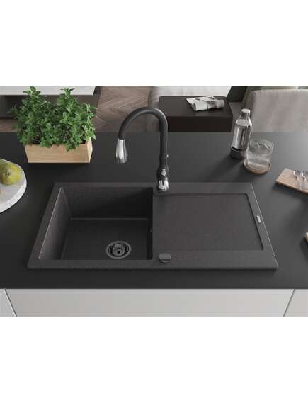 Mexen Leo zlewozmywak granitowy 1-komorowy z ociekaczem i baterią kuchenną Savita, czarny nakrapiany - 6501-76-672601-70-B, изображение 3