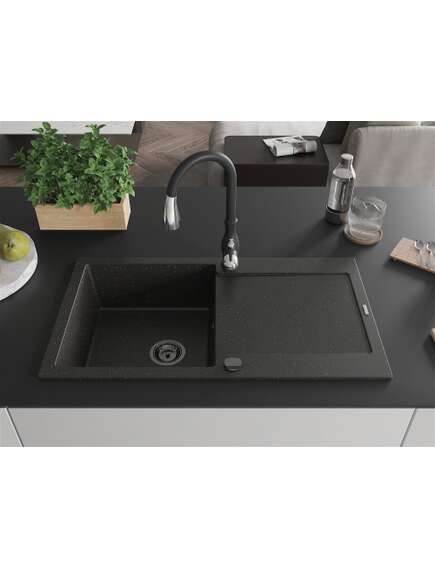 Mexen Leo zlewozmywak granitowy 1-komorowy z ociekaczem i baterią kuchenną Savita, czarny/złoty metalik - 6501-75-672601-70-B, 3 image