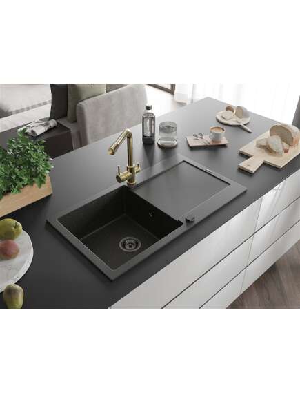 Mexen Leo zlewozmywak granitowy 1-komorowy z ociekaczem i baterią kuchenną Duero, czarny/złoty metalik - 6501-75-671600-50-B, изображение 2