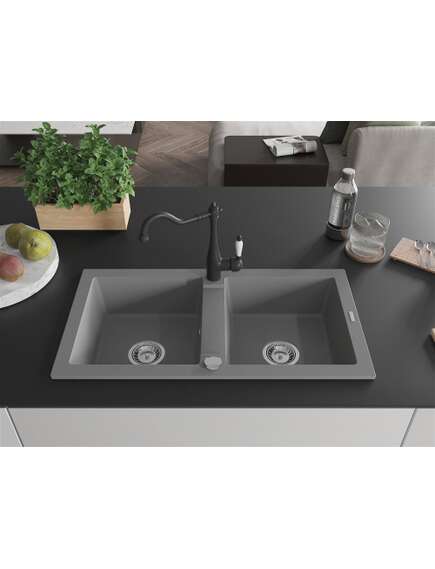 Mexen Mario zlewozmywak granitowy 2-komorowy z baterią kuchenną Carla, szary - 6504-71-670700-70, изображение 3