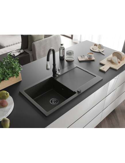 Mexen Leo zlewozmywak granitowy 1-komorowy z ociekaczem i baterią kuchenną Savita, czarny/złoty metalik - 6501-75-672601-70-B, 2 image