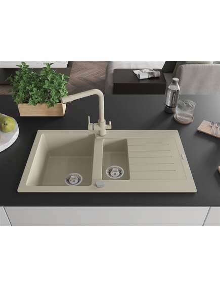Mexen Matias zlewozmywak granitowy 1,5-komorowy z ociekaczem i baterią kuchenną Duero, beżowy - 6502-69-671600-69, изображение 3