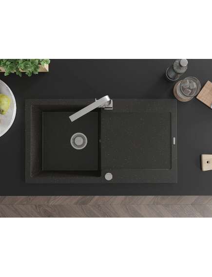 Mexen Leo zlewozmywak granitowy 1-komorowy z ociekaczem i baterią kuchenną Rita, czarny/złoty metalik - 6501-75-670300-00, изображение 4