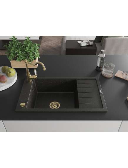 Mexen Elias zlewozmywak granitowy 1-komorowy z ociekaczem i baterią kuchenną Carla, czarny/złoty metalik - 6511-75-670700-50, 3 image