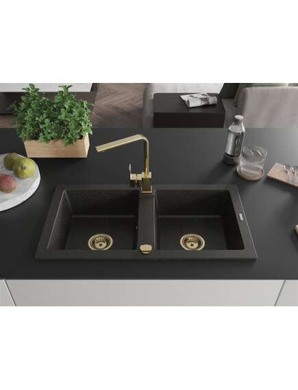 Mexen Mario zlewozmywak granitowy 2-komorowy z baterią kuchenną Rita, czarny/złoty metalik - 6504-75-670300-50, 3 image