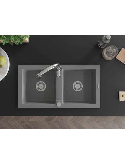 Mexen Mario zlewozmywak granitowy 2-komorowy z baterią kuchenną Savita, szary - 6504-71-672601-00, 4 image